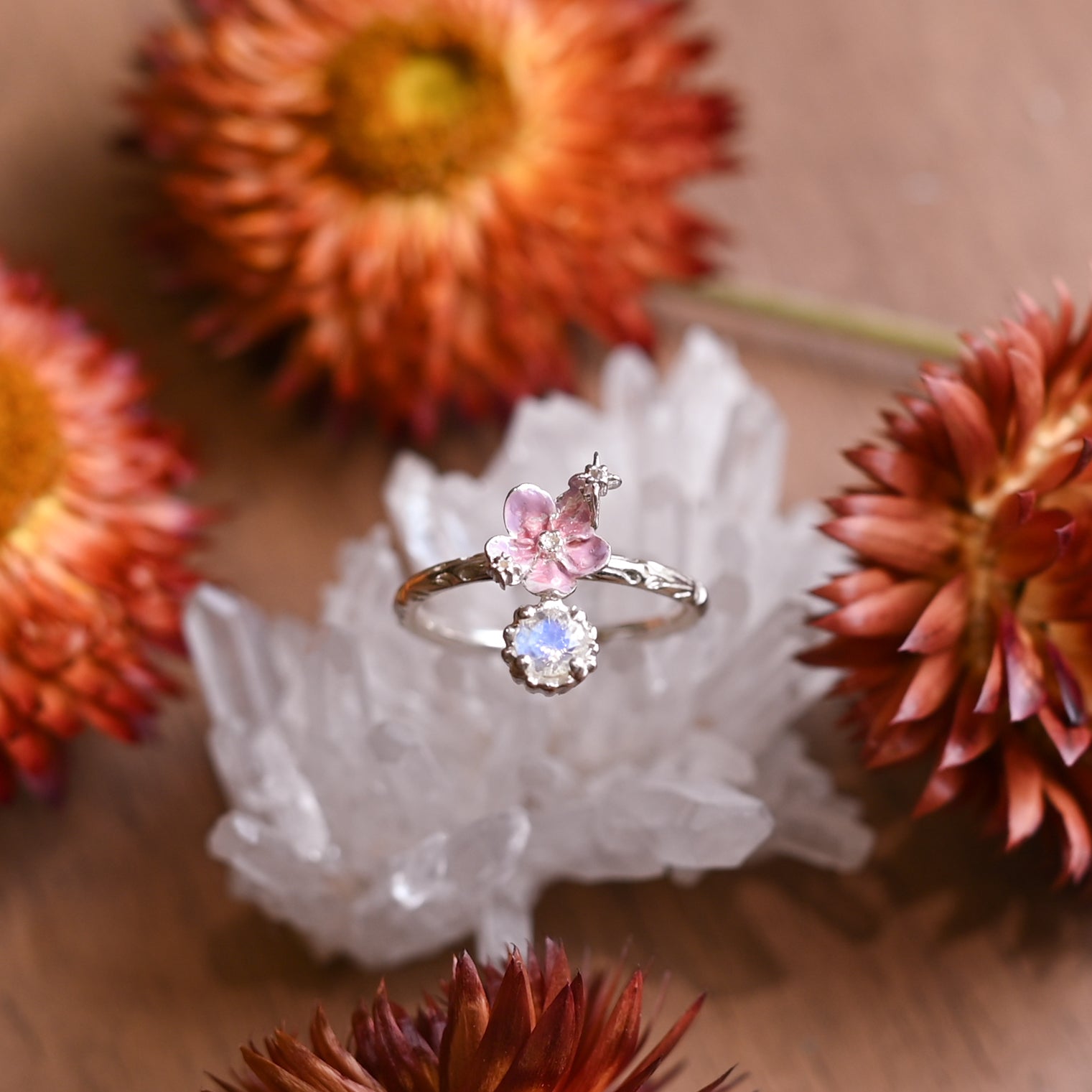 Pink Forget Me Not Blue Moonston Ring - LLUNAA