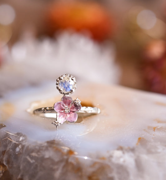 Pink Forget Me Not Blue Moonston Ring - LLUNAA