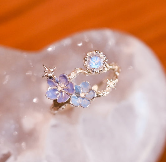 Blue and Lavender Forget Me Not Blue Moonston Ring - LLUNAA