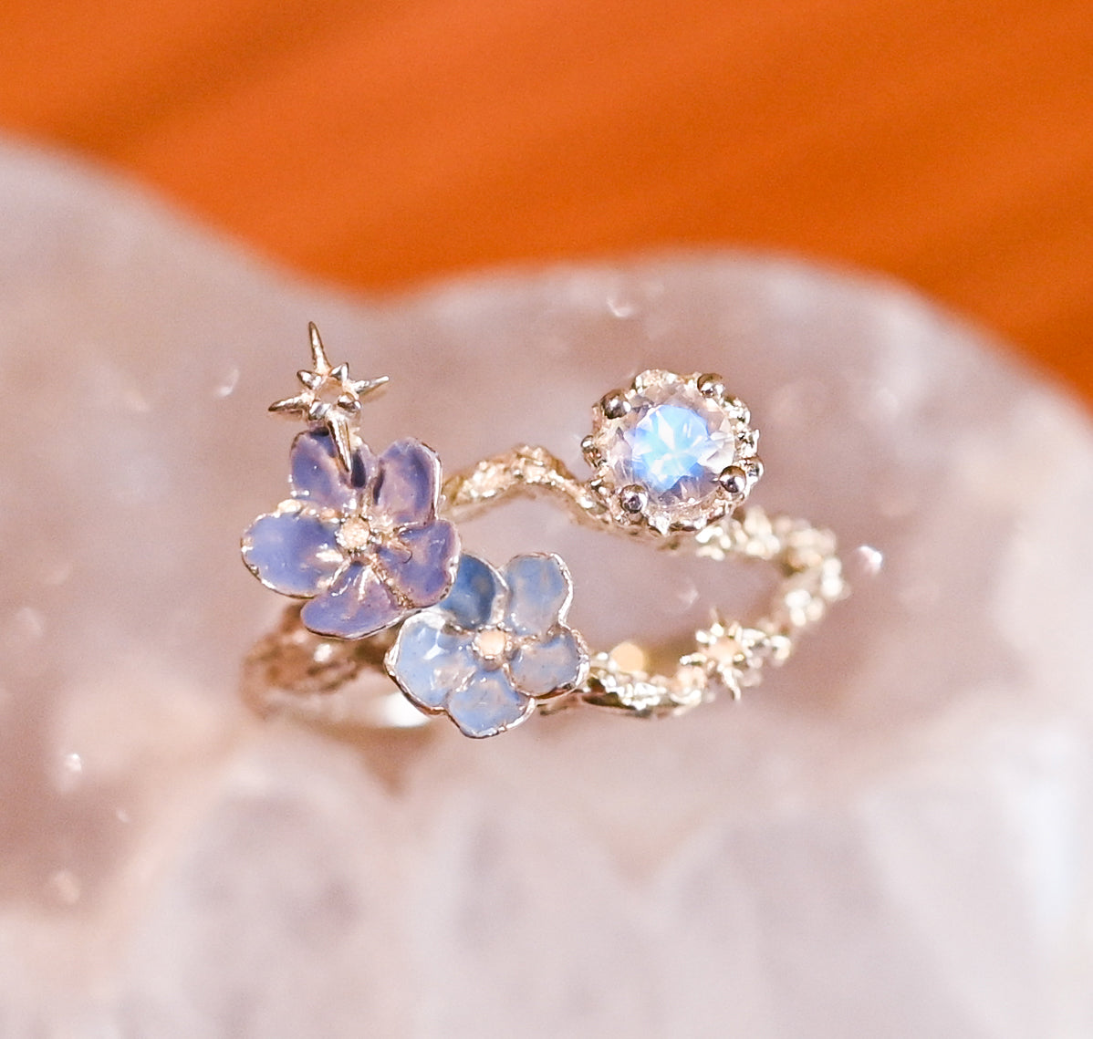 Blue and Lavender Forget Me Not Blue Moonston Ring - LLUNAA
